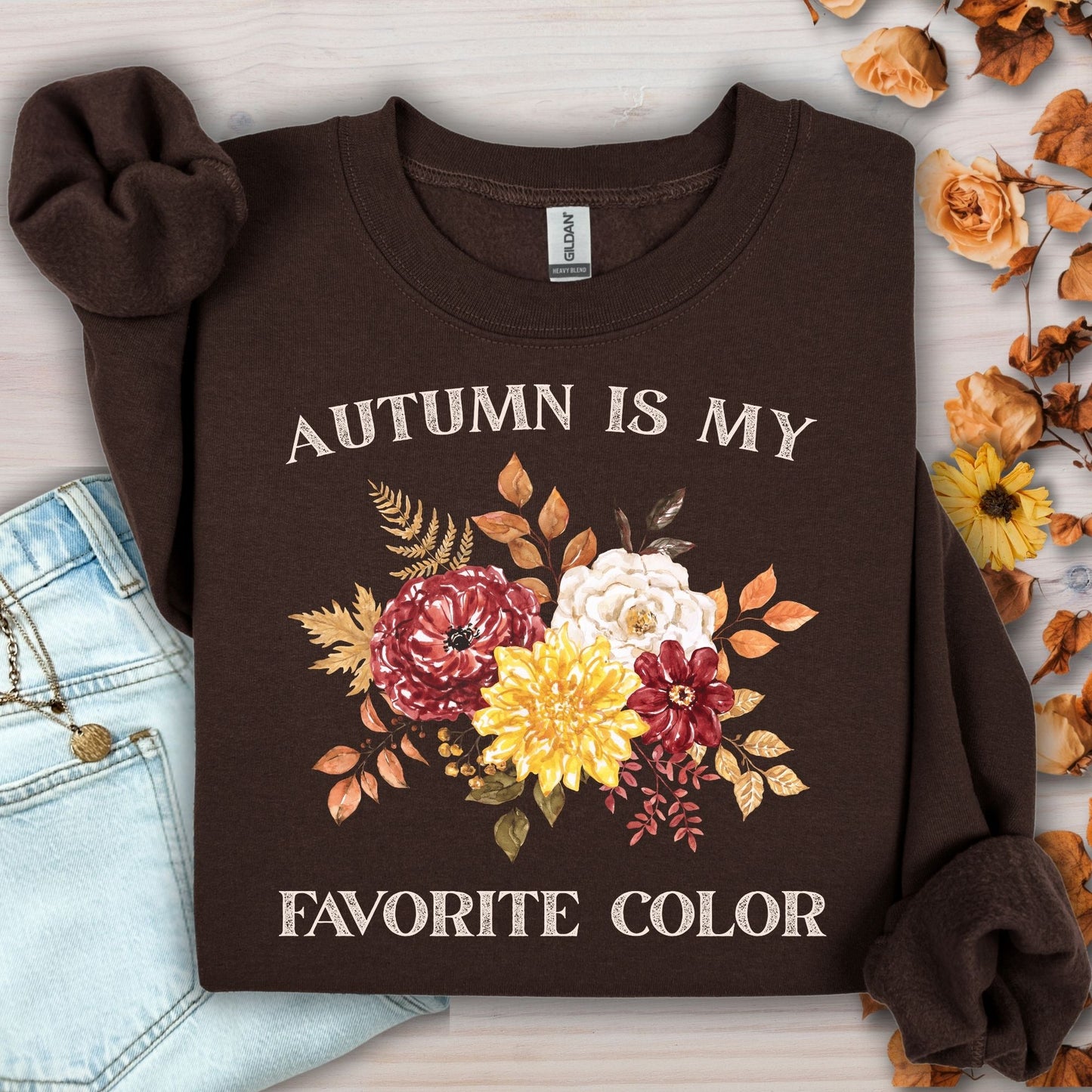 Dark Chocolate S sweatshirt with "Autumn is My Favorite Color" text and watercolor autumn flowers.
