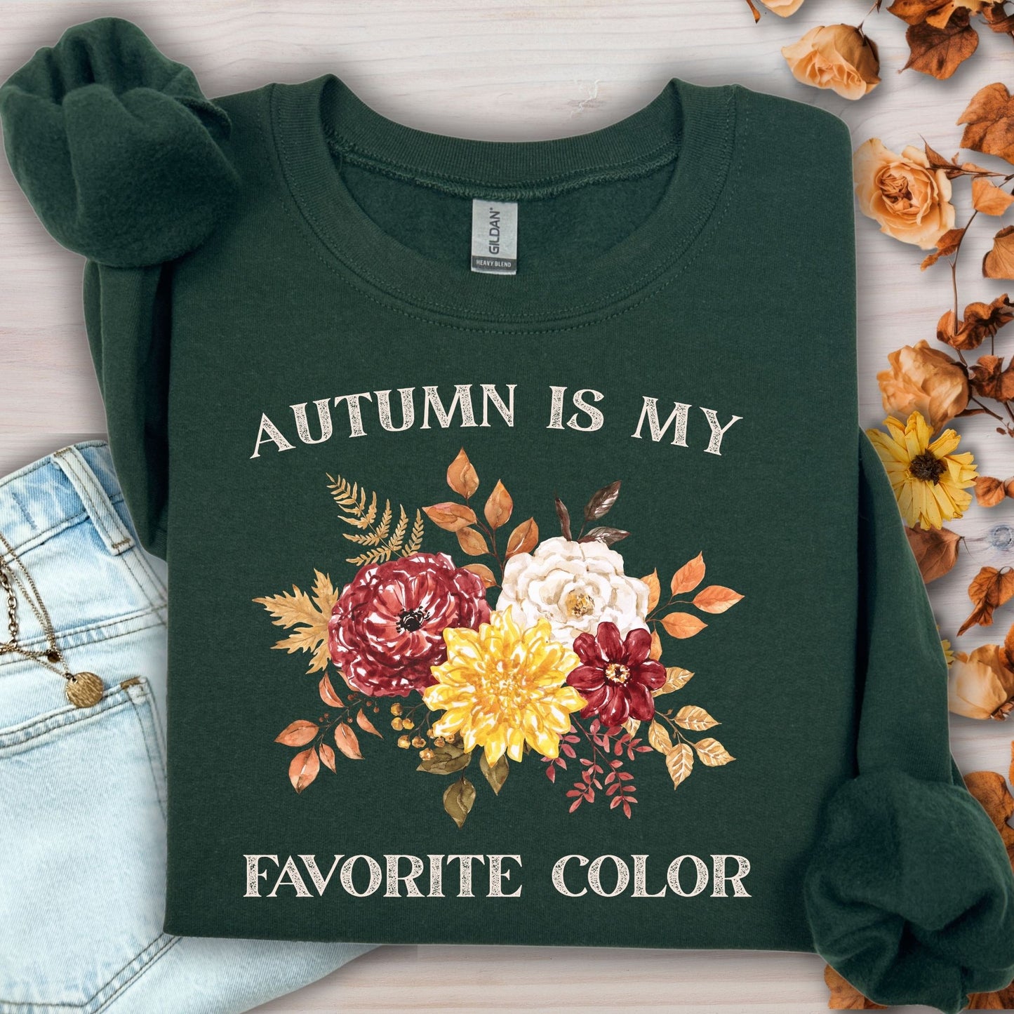 Forest Green "Autumn is My Favorite Color" sweatshirt with watercolor autumn flowers, size S.