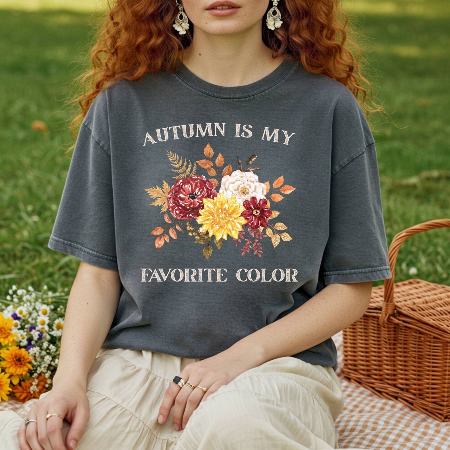 Charcoal gray t-shirt with "Autumn is My Favorite Color" text and watercolor fall flowers.