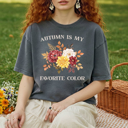 Charcoal gray t-shirt with "Autumn is My Favorite Color" text and watercolor fall flowers.