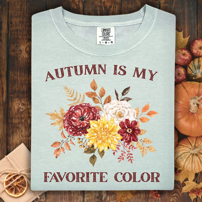 Bay Comfort Colors t-shirt with "Autumn Is My Favorite Color" and watercolor fall flowers.