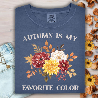 Denim Comfort Colors t-shirt with "Autumn Is My Favorite Color" and watercolor fall flowers.