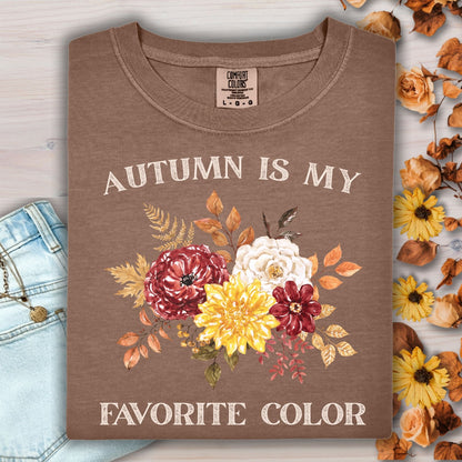 Espresso Comfort Colors tee with "Autumn Is My Favorite Color" and watercolor fall flowers.