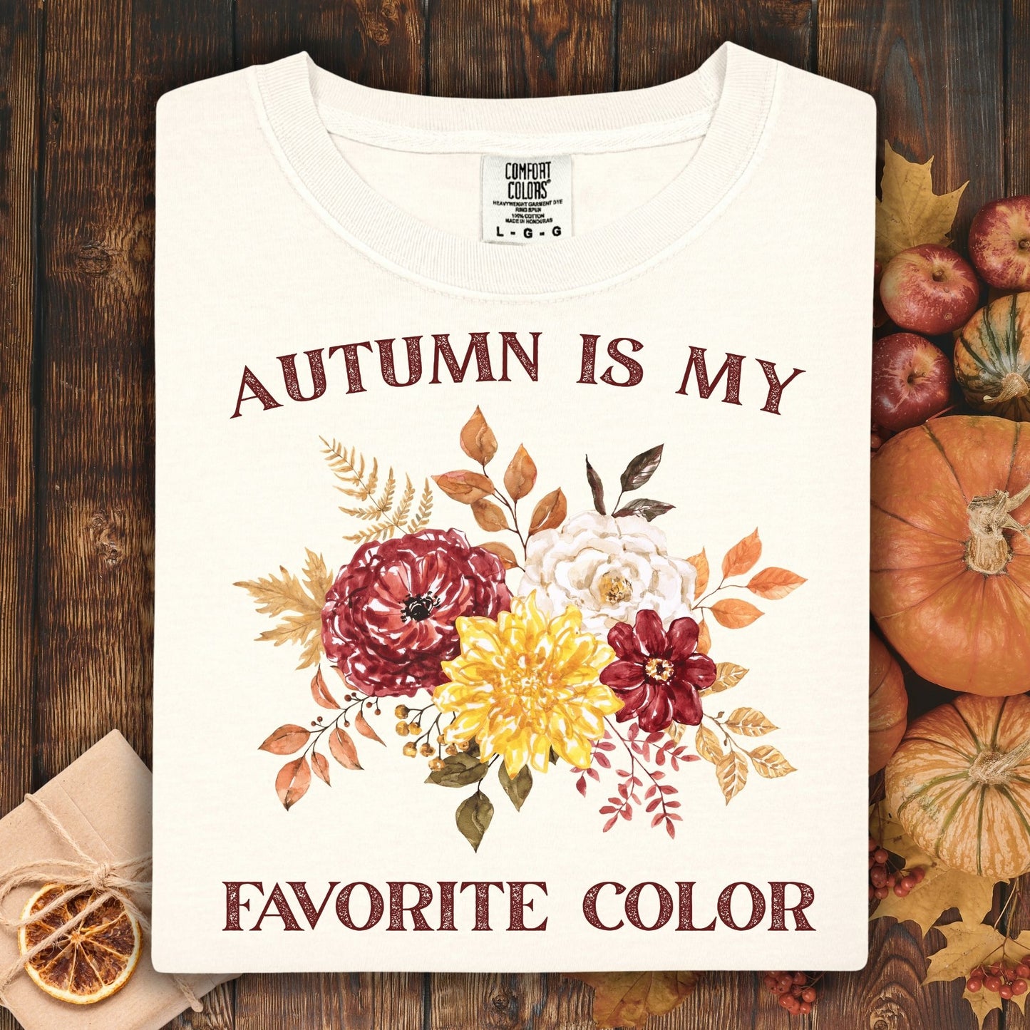 Ivory Comfort Colors t-shirt with "Autumn Is My Favorite Color" and watercolor fall flowers.