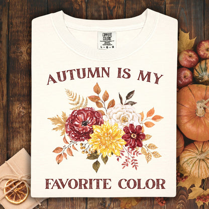 Ivory Comfort Colors t-shirt with "Autumn Is My Favorite Color" and watercolor fall flowers.