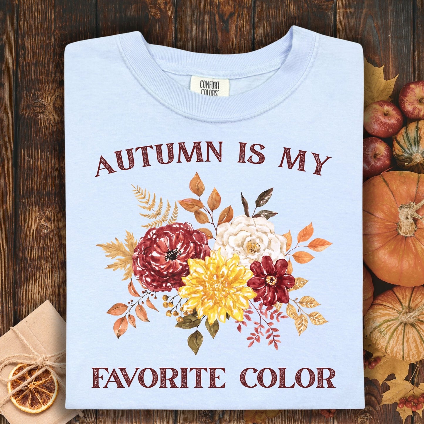 Hydrangea blue Comfort Colors t-shirt with "Autumn Is My Favorite Color" and watercolor fall flowers.