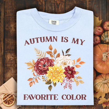Hydrangea blue Comfort Colors t-shirt with "Autumn Is My Favorite Color" and watercolor fall flowers.
