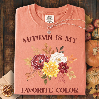 Terracotta Comfort Colors t-shirt with "Autumn Is My Favorite Color" text and watercolor fall flowers.