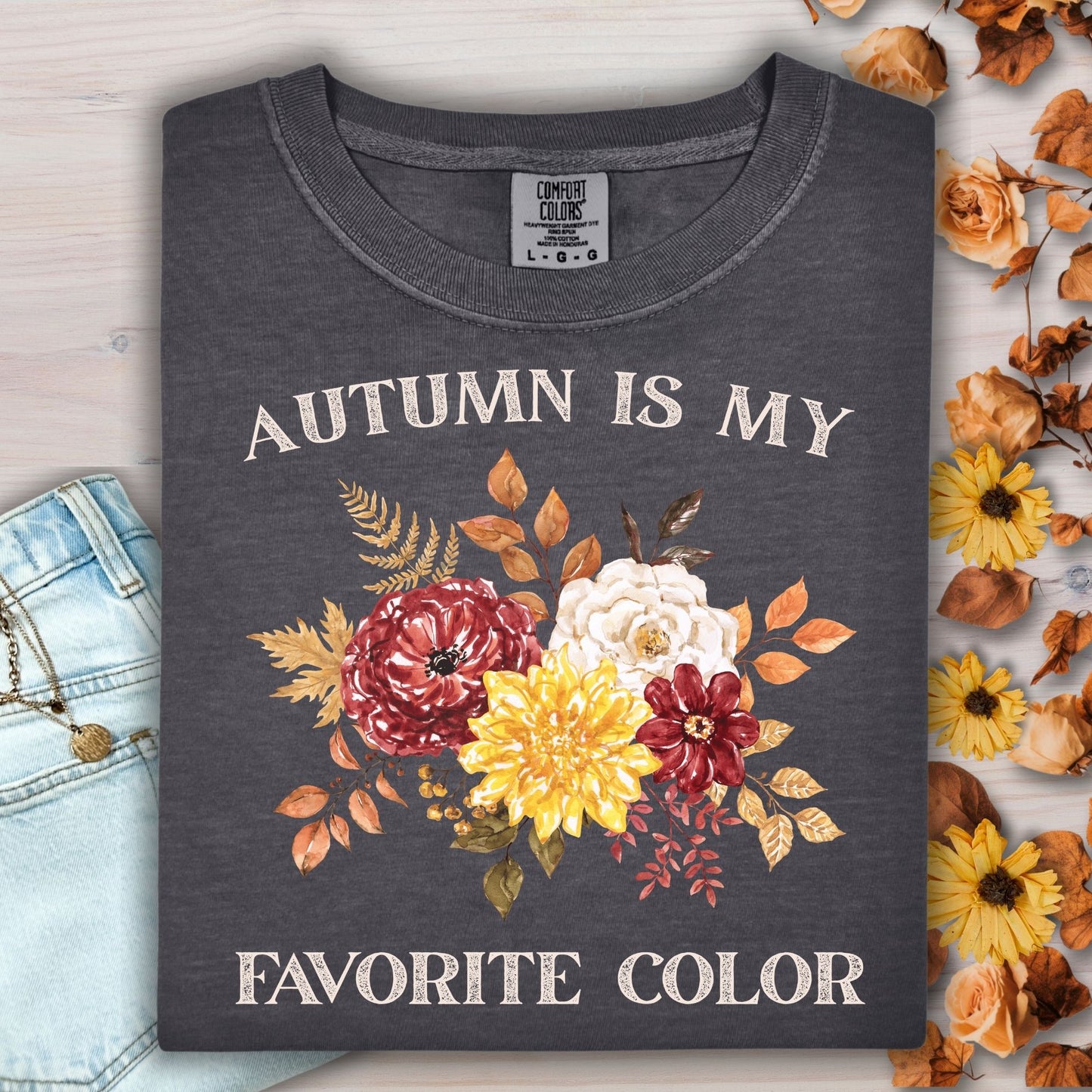 Pepper Comfort Colors t-shirt with "Autumn Is My Favorite Color" and watercolor fall flowers.