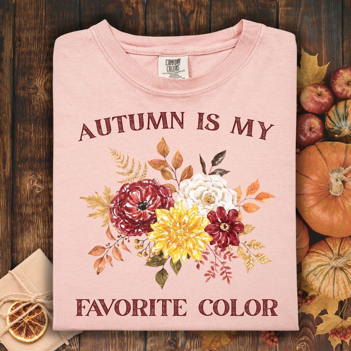Peachy Comfort Colors t-shirt with "Autumn is My Favorite Color" and watercolor fall flowers.