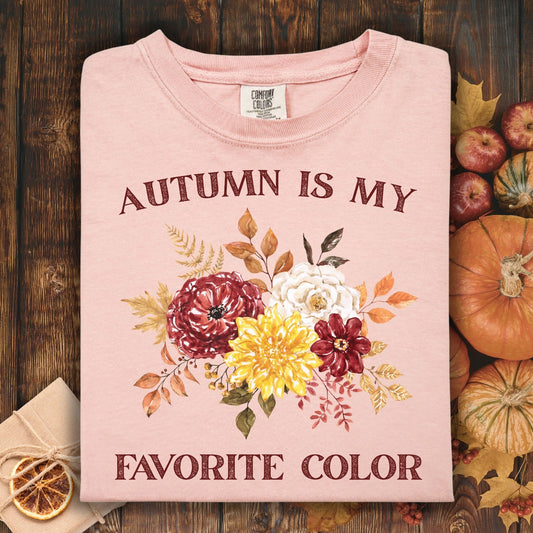 Peachy Comfort Colors t-shirt with "Autumn is My Favorite Color" and watercolor fall flowers.