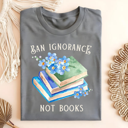 Graphite Heather "Ban Ignorance, Not Books" tee with vintage books and blue forget-me-nots.