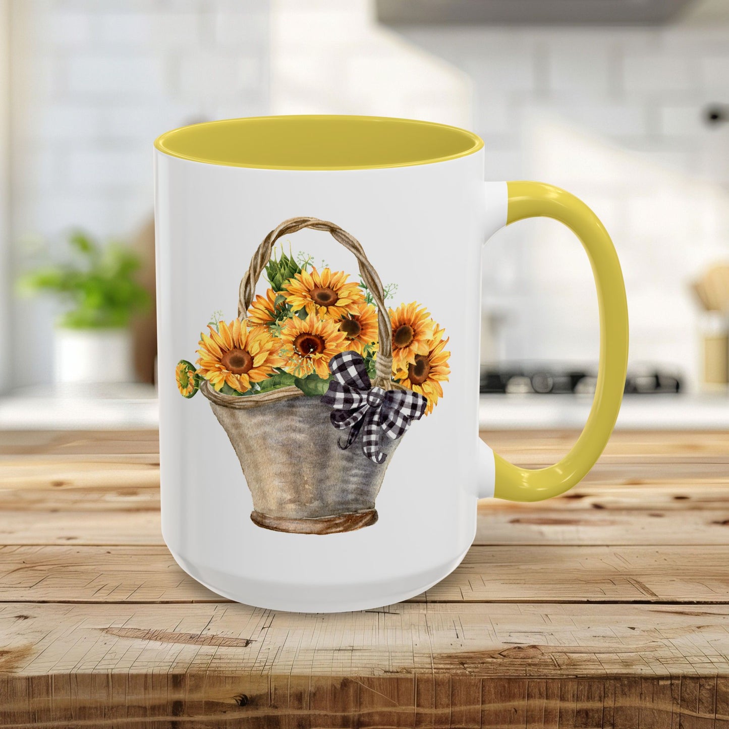 15oz ceramic mug with a yellow handle and interior, featuring a hand-painted basket of sunflowers.