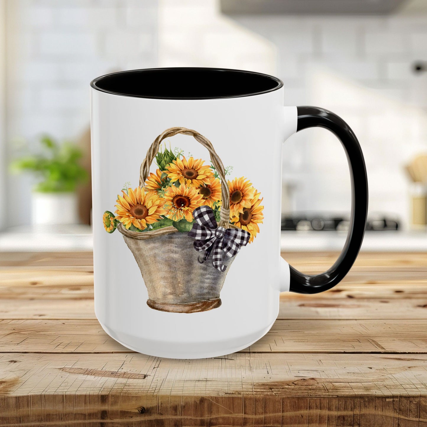 15oz white ceramic mug with black trim and handle, featuring a hand-painted basket of sunflowers.