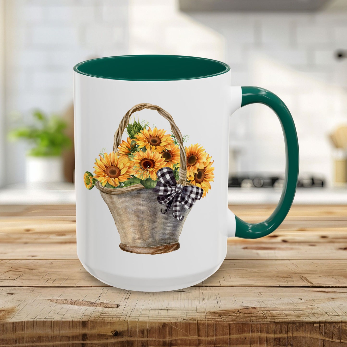 15oz white ceramic mug with green handle and interior, featuring a watercolor basket of sunflowers.