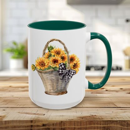 15oz white ceramic mug with green handle and interior, featuring a watercolor basket of sunflowers.