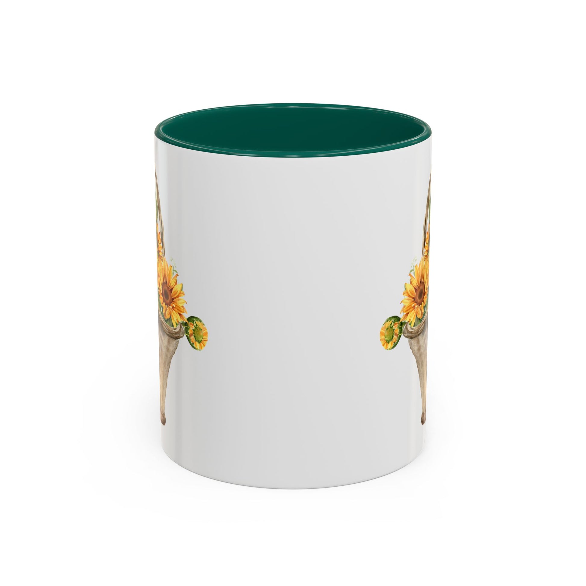 White ceramic mug with a dark green interior and a watercolor basket of sunflowers design.