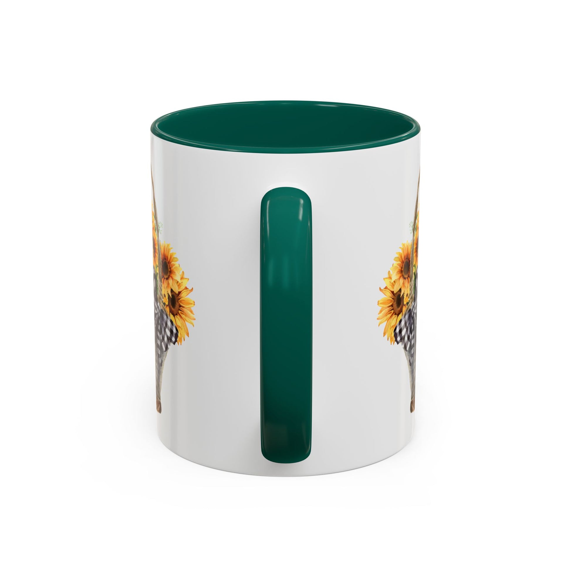 White ceramic mug with a dark green handle and interior, featuring a watercolor basket of sunflowers.