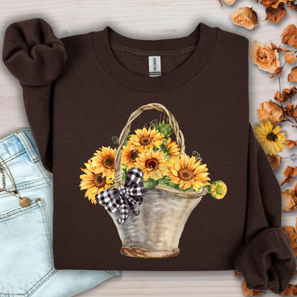 Dark chocolate Gildan sweatshirt with a watercolor basket of sunflowers and a black-and-white checkered bow.