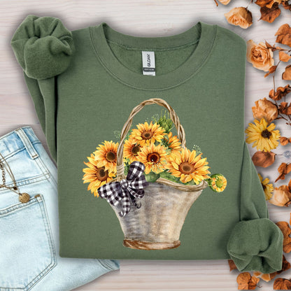 Military green Gildan sweatshirt with a watercolor basket of sunflowers and a checkered bow.