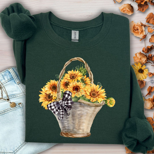Forest green Gildan sweatshirt with a watercolor basket of sunflowers and a checkered bow.