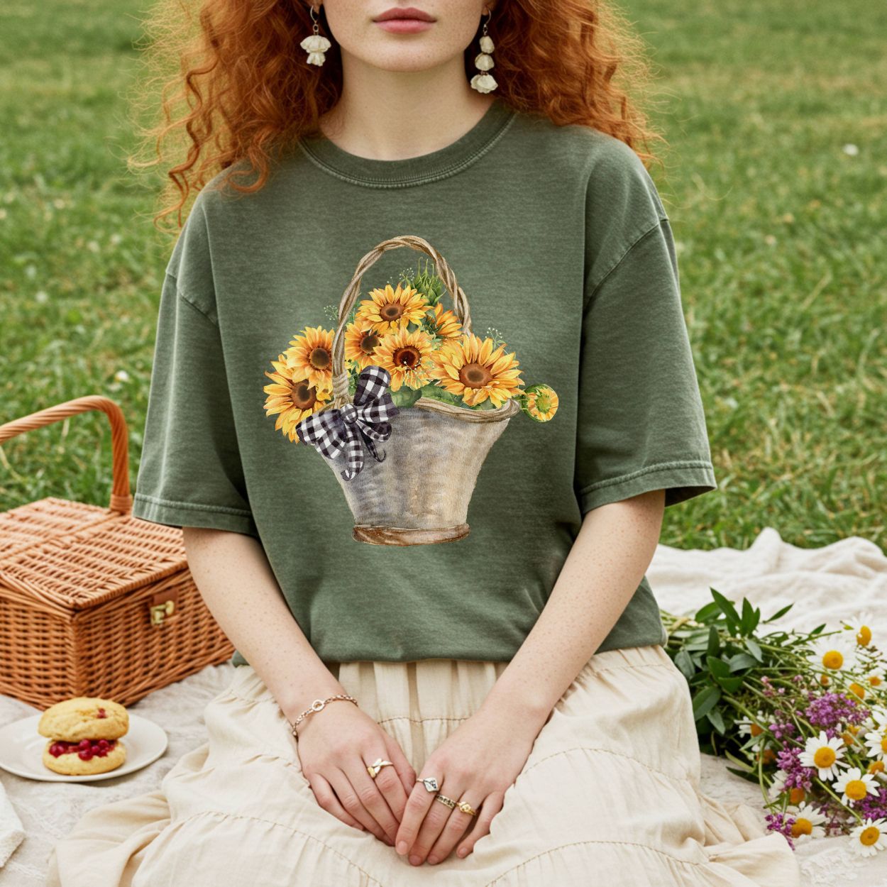 Relaxed-fit, garment-dyed olive green t-shirt with a hand-painted basket of sunflowers and gingham bow.
