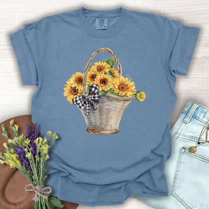Blue Jean S t-shirt with a hand-painted watercolor basket of sunflowers and a gingham bow.