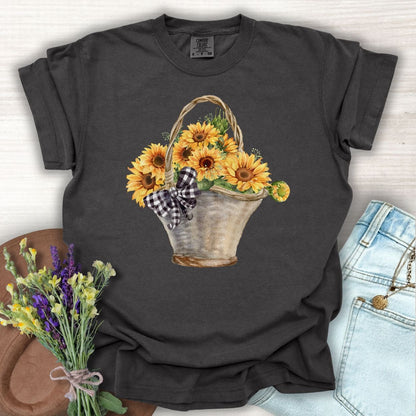 Pepper S-size cotton t-shirt with a watercolor basket of sunflowers and a gingham bow.
