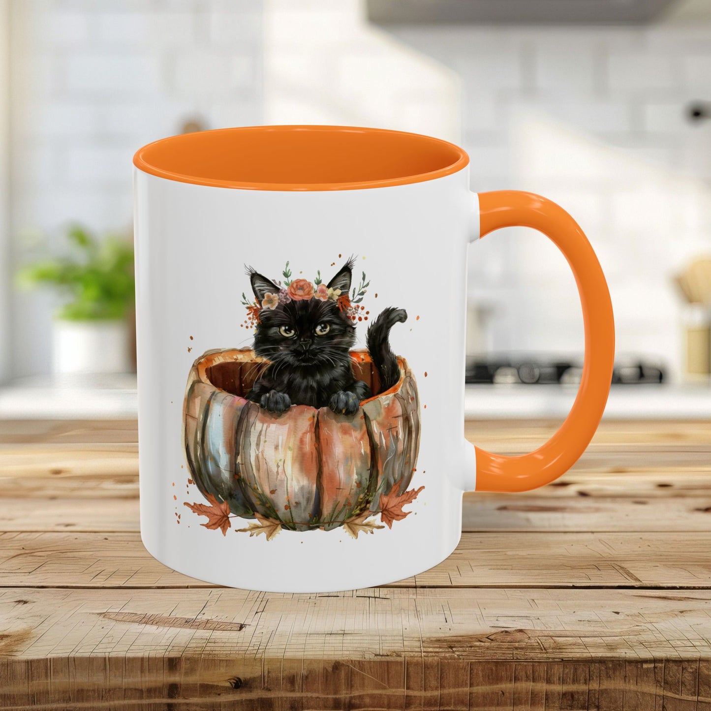 White ceramic 11oz mug with golden yellow interior/handle, featuring a watercolor black kitten in a pumpkin.