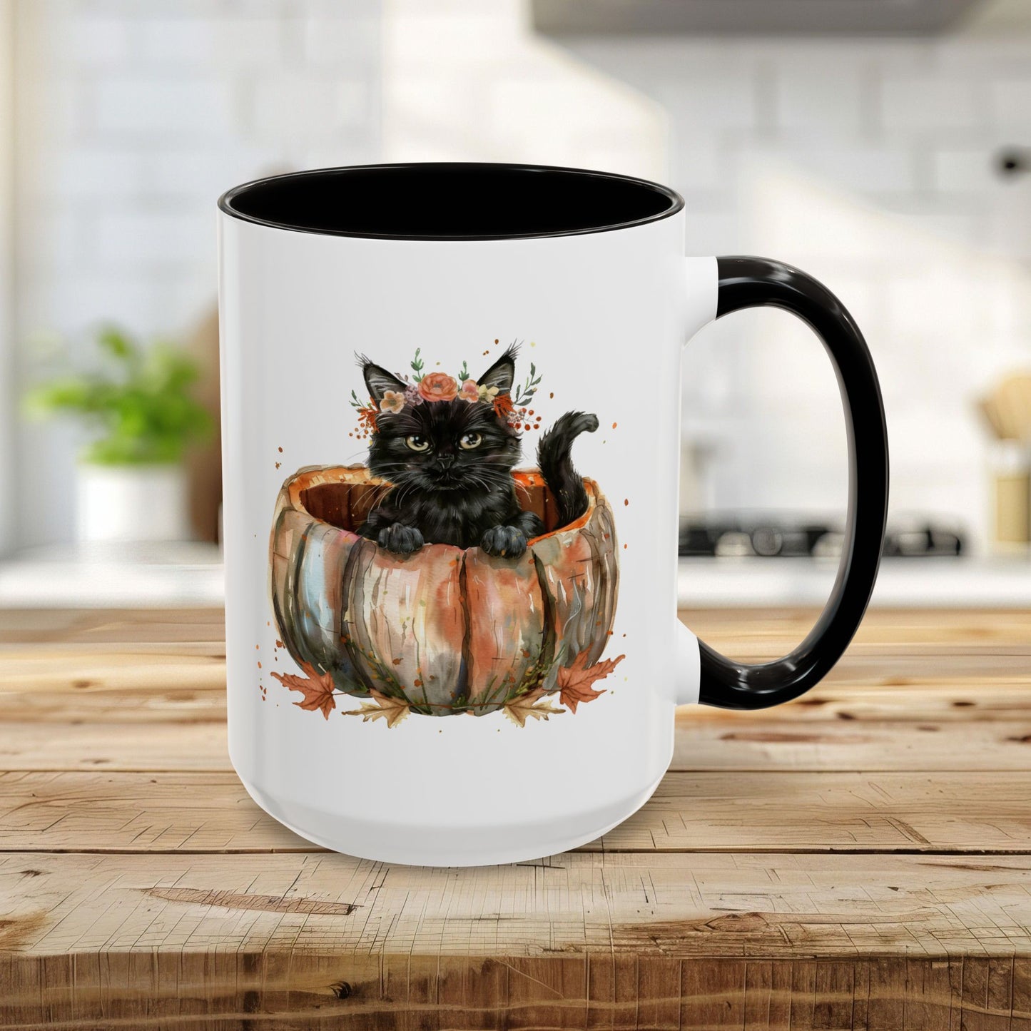 15oz white ceramic mug with black interior/handle, featuring a watercolor black kitten in a pumpkin.