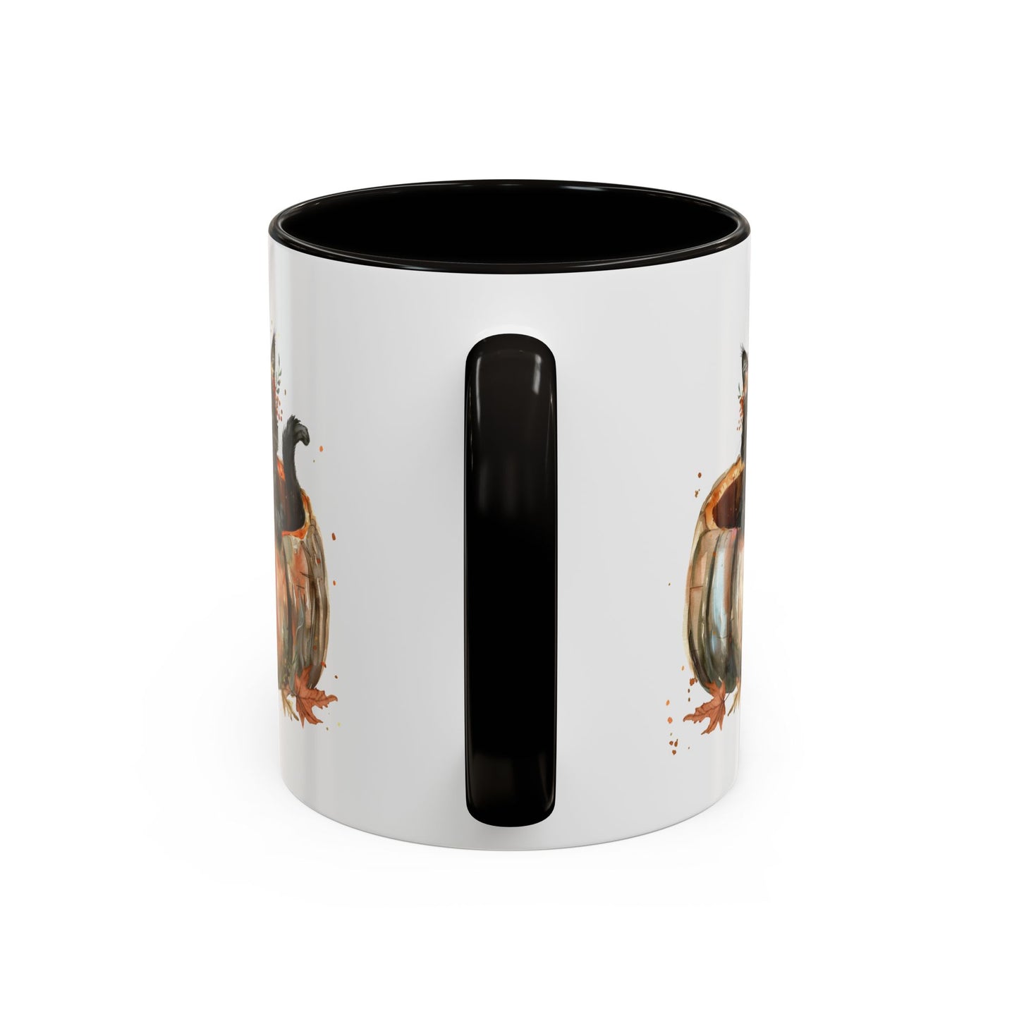 White 11oz/15oz ceramic mug with black interior/handle, featuring a watercolor black kitten in a pumpkin.