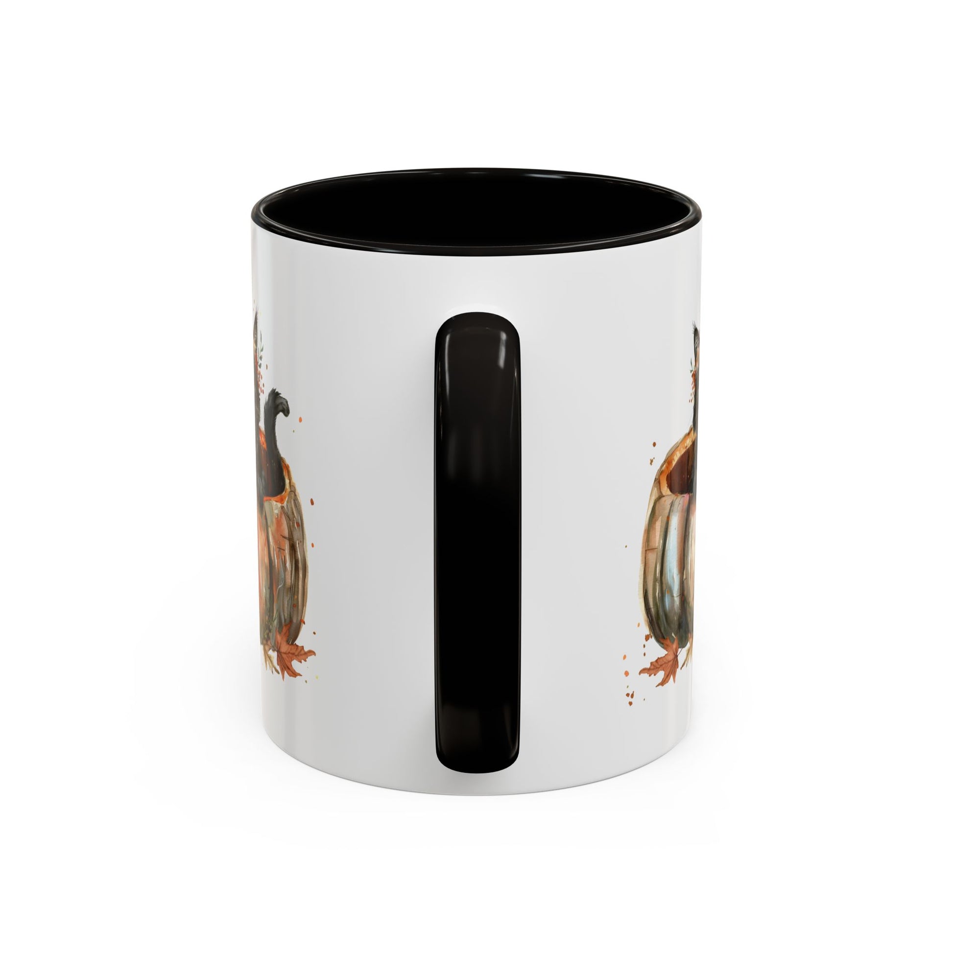 White 11oz/15oz ceramic mug with black interior/handle, featuring a watercolor black kitten in a pumpkin.