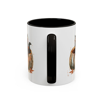White 11oz/15oz ceramic mug with black interior/handle, featuring a watercolor black kitten in a pumpkin.