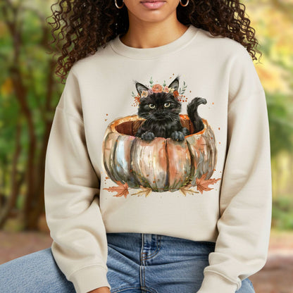Beige Gildan 18000 sweatshirt with a watercolor black cat in a pumpkin and autumn flowers.