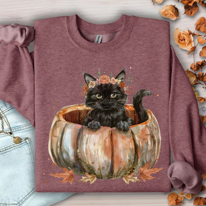 Heather Sport Dark Maroon sweatshirt with a watercolor black cat in a pumpkin and autumn flowers.