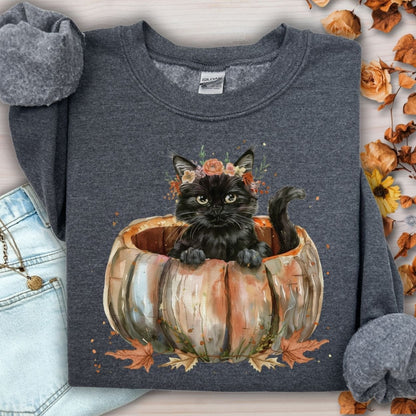 Dark Heather Gildan sweatshirt with a watercolor black cat in a pumpkin and autumn flowers.