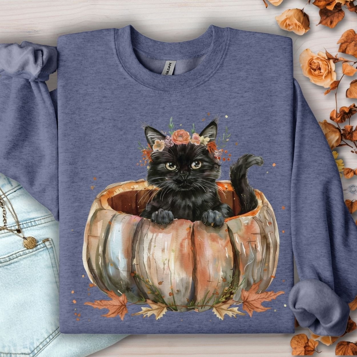 Heather Sport Dark Navy sweatshirt with a black cat in a pumpkin and autumn flowers.