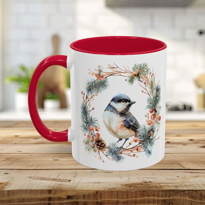 Black Capped Chickadee in Winter Wreath Mug (11/15oz)
