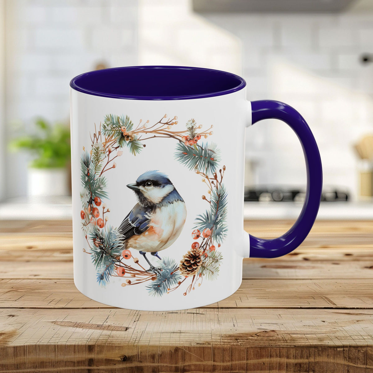 Black Capped Chickadee in Winter Wreath Mug (11/15oz)