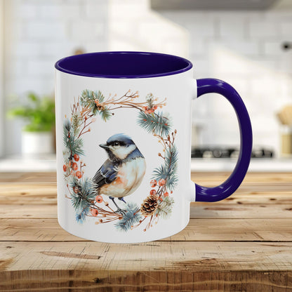 Black Capped Chickadee in Winter Wreath Mug (11/15oz)