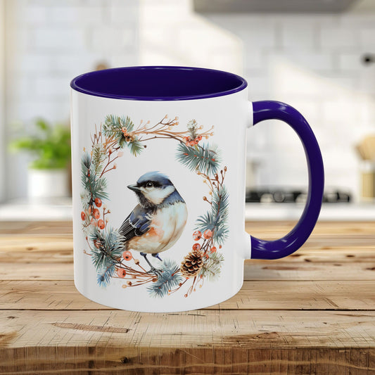 Black Capped Chickadee in Winter Wreath Mug (11/15oz)