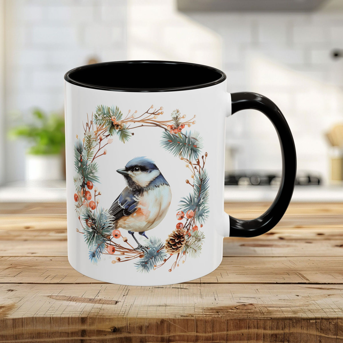 Black Capped Chickadee in Winter Wreath Mug (11/15oz)