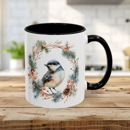 Black Capped Chickadee in Winter Wreath Mug (11/15oz)