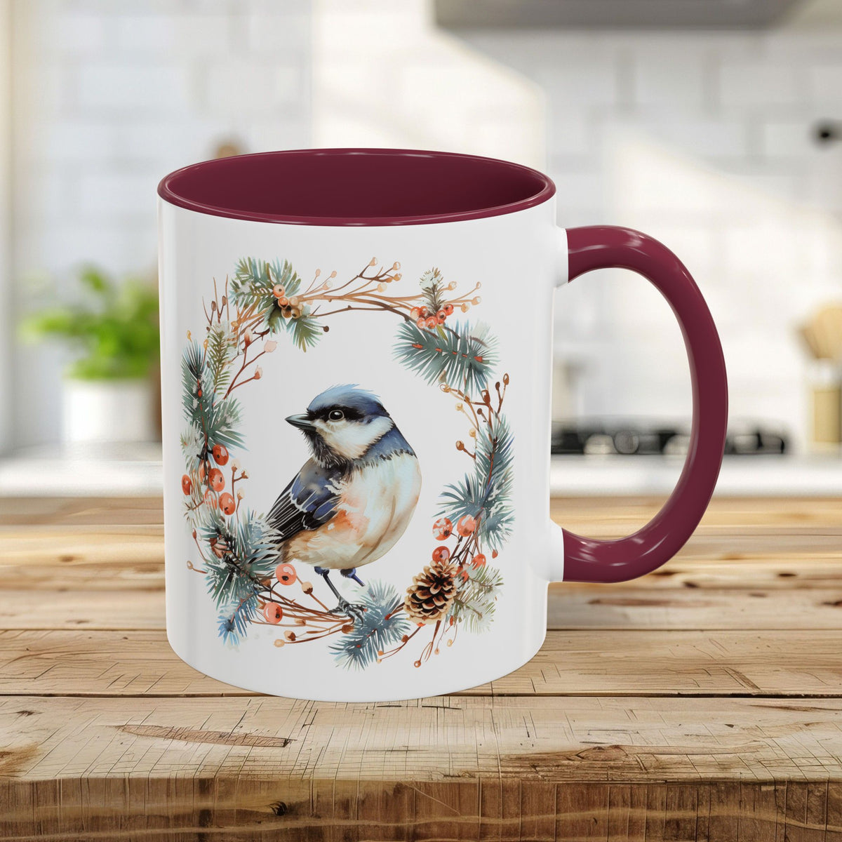 Black Capped Chickadee in Winter Wreath Mug (11/15oz)