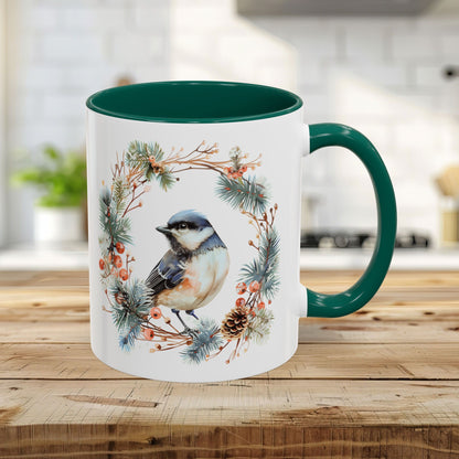 Black Capped Chickadee in Winter Wreath Mug (11/15oz)