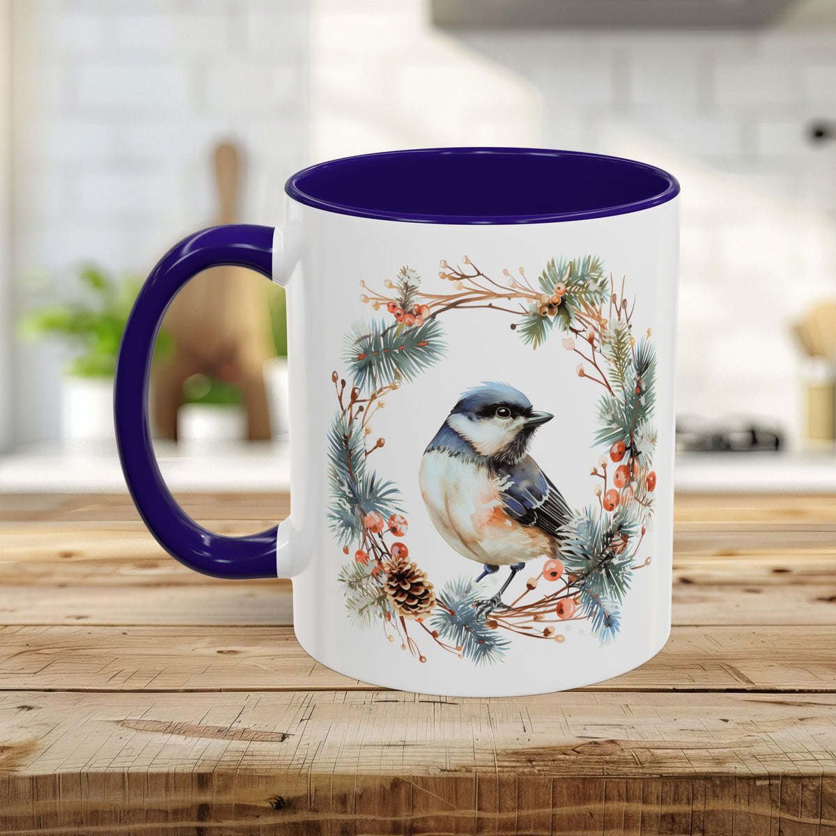 Black Capped Chickadee in Winter Wreath Mug (11/15oz)