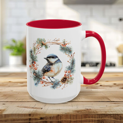 Black Capped Chickadee in Winter Wreath Mug (11/15oz)