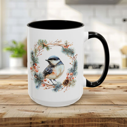 Black Capped Chickadee in Winter Wreath Mug (11/15oz)
