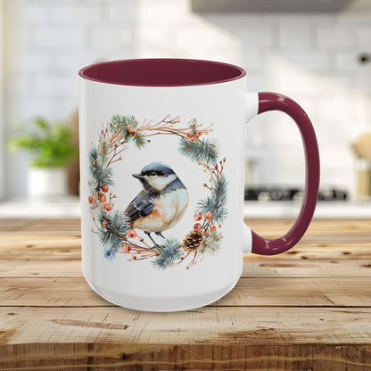 Black Capped Chickadee in Winter Wreath Mug (11/15oz)