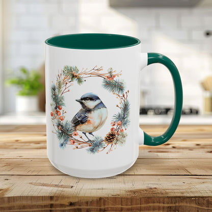 Black Capped Chickadee in Winter Wreath Mug (11/15oz)